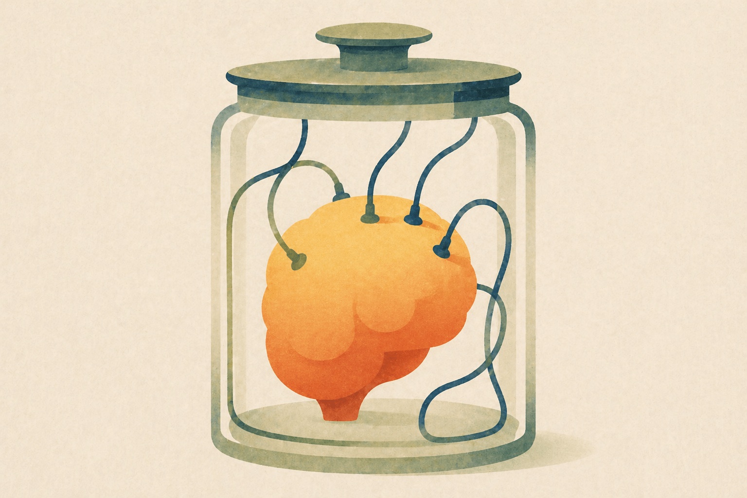 A glass apothecary jar with a soft sage-green lid, holding a butter-yellow-into-terracotta brain shape, with thin navy wires dangling from the lid down to electrodes resting on the brain.