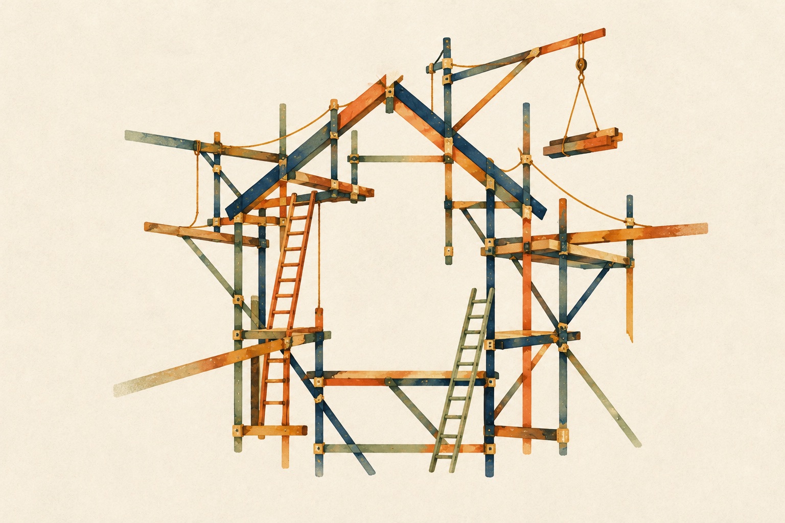A watercolor scaffold in navy, terracotta, sage, and butter yellow, with ladders, rope, and a crane hoisting lumber, all framing the outline of a house that hasn’t been built yet.