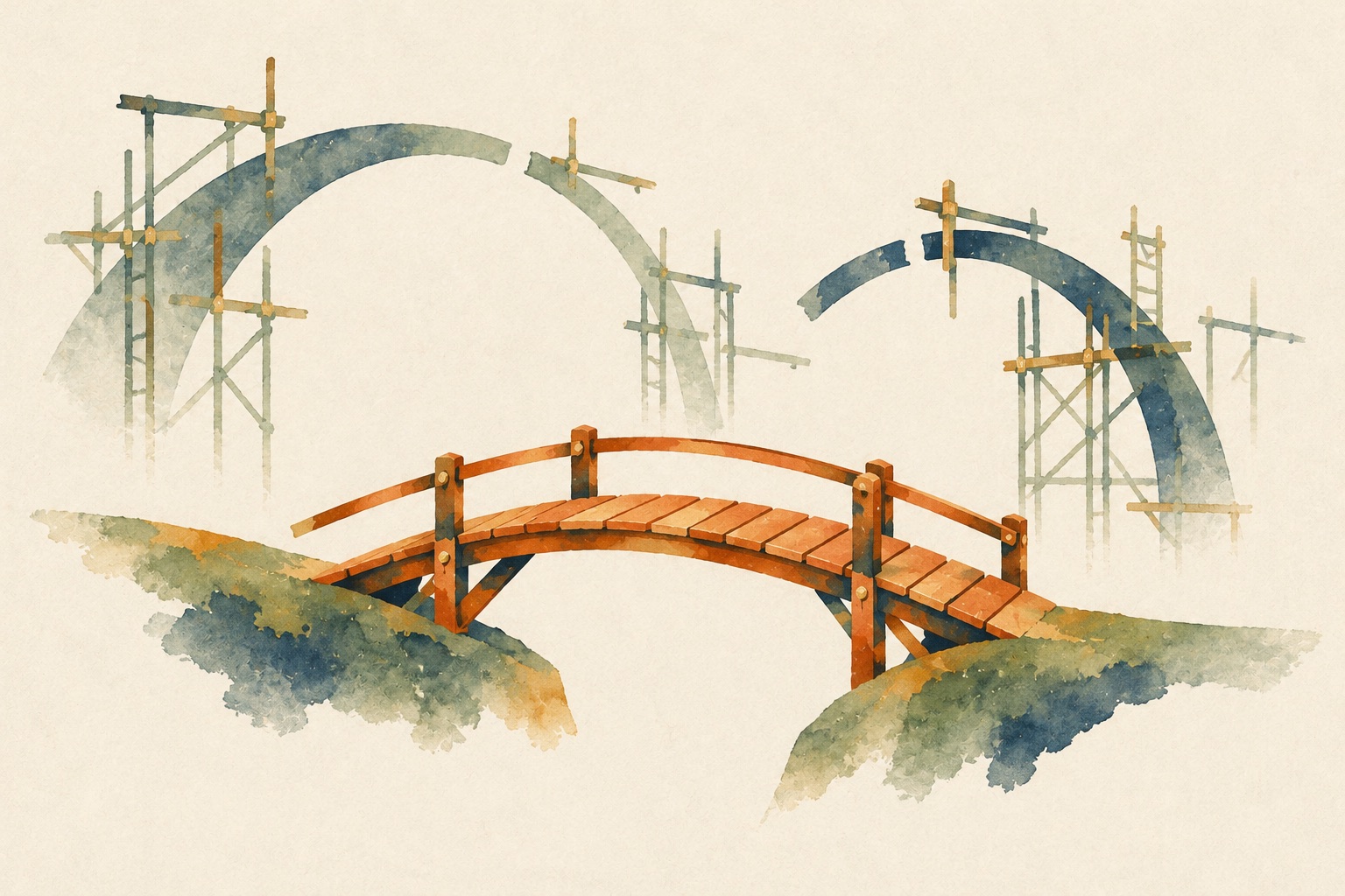 A small, finished terracotta footbridge spanning the gap between two grassy banks, while grand half-built arches wrapped in scaffolding fade into the background.